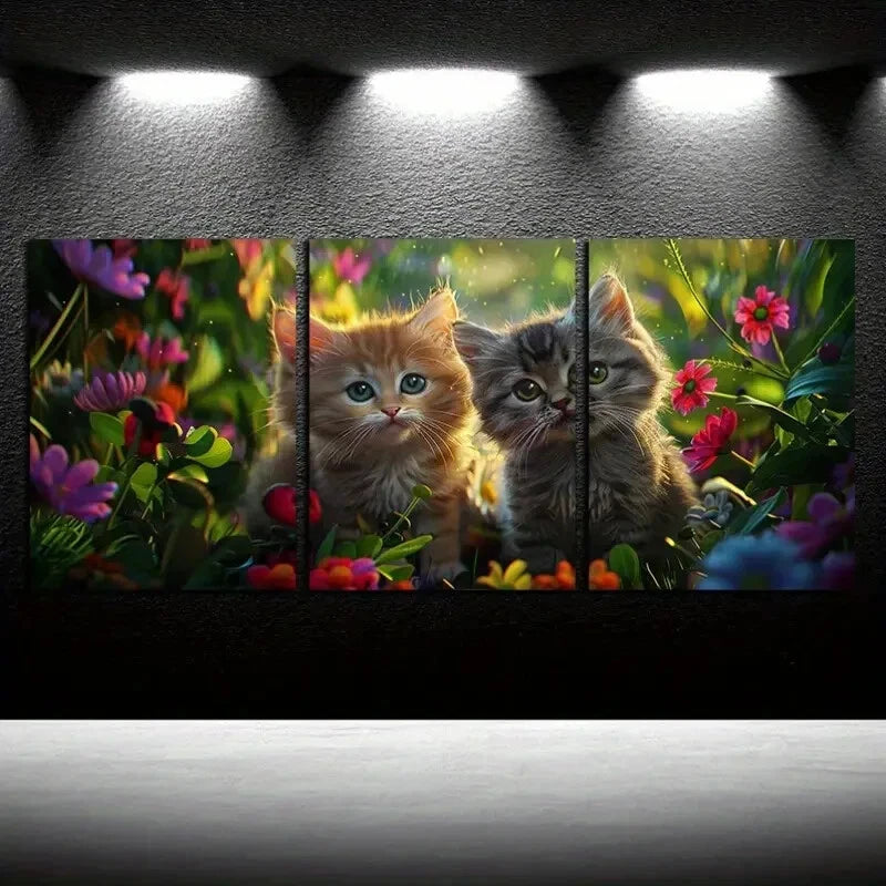 3pcs Vibrant Adorable Cats in Garden Metal Print Ready to Hang Art - Bella Home Decor
