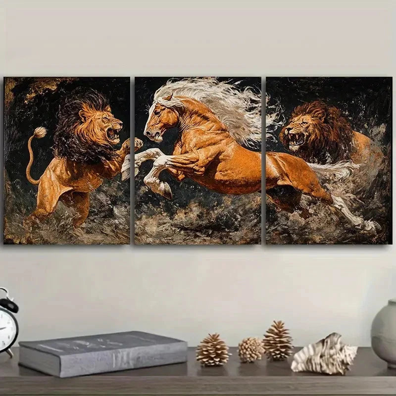 3pcs A lion attacking a horse Wall Art Set Canvas Framed 60x90cm - High Quality Print 100% Australian Made Wall Canvas Ready to Hang - Bella Home Decor