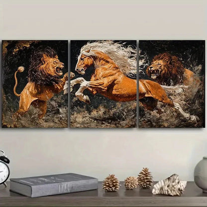 3pcs A lion attacking a horse Wall Art Set Canvas Framed 60x90cm - High Quality Print 100% Australian Made Wall Canvas Ready to Hang - Bella Home Decor