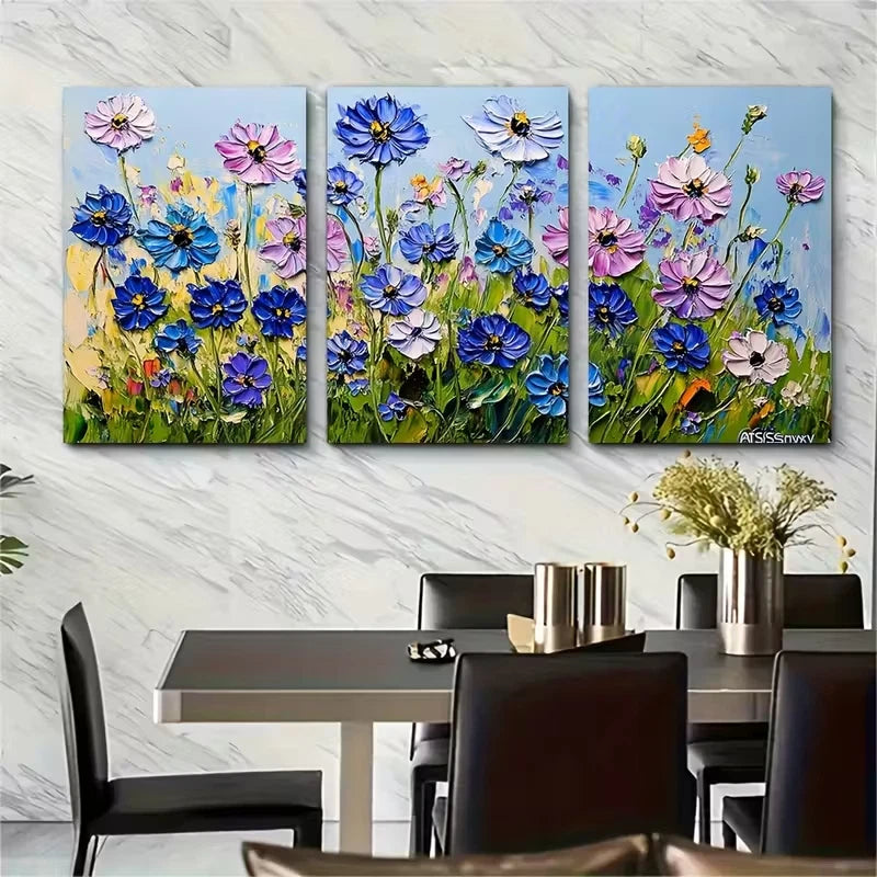 3pcs Cornflowers Impasto Flowers Textured Metal Print Ready to Hang Art - Bella Home Decor