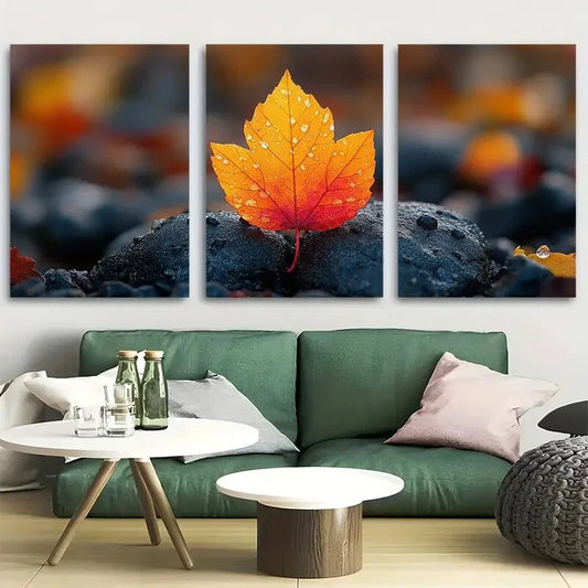 3pcs Autumn Leaf Resting On Ground Close Up Metal Print Ready to Hang Art