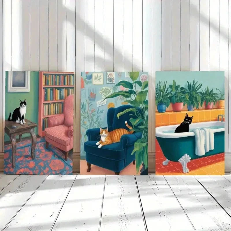 3pcs Bookshelf Armchair Bathtub Houseplants Cat Metal Print Ready to Hang Art - Bella Home Decor