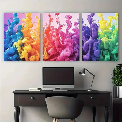 3pcs Vibrant Modern Rainbow Ink Flow Abstract Wall Art Set Canvas Framed 40x60cm - High Quality Print 100% Australian Made Wall Canvas Ready to Hang - Bella Home Decor