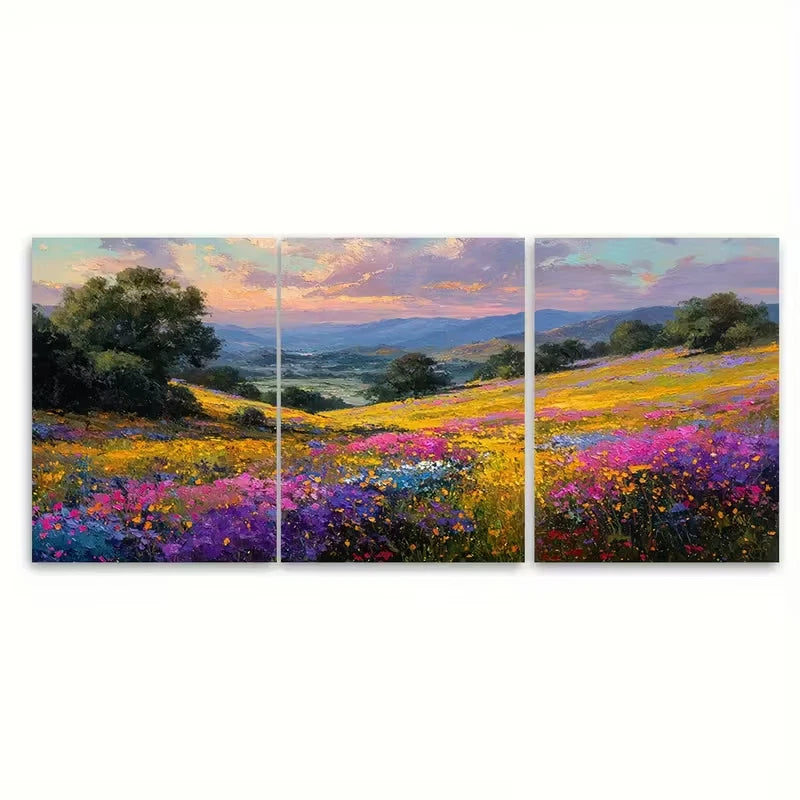 3pcs Wildflower Meadow at Sunset Metal Print Ready to Hang Art