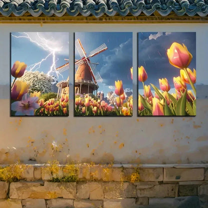 3pcs Lightning Strikes Windmill & Tulips Metal Print Ready to Hang Art - Bella Home Decor