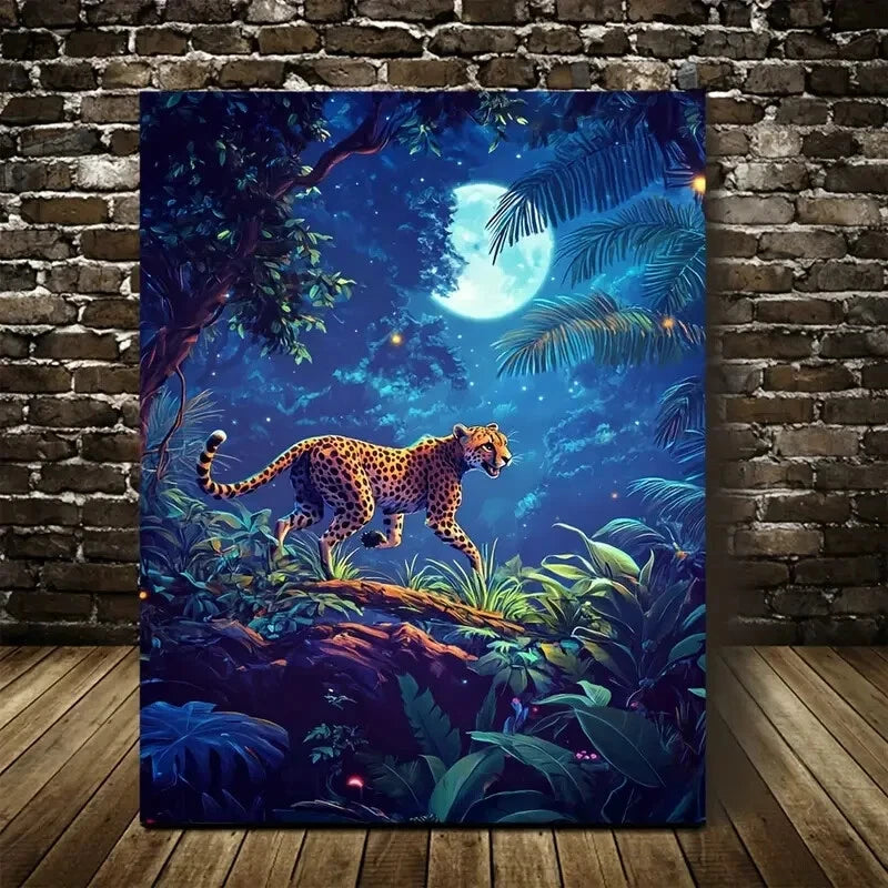 Vibrant Cheetah Forest Scene with Soft Moonlight 40x60cm Metal Print Ready to Hang - Bella Home Decor