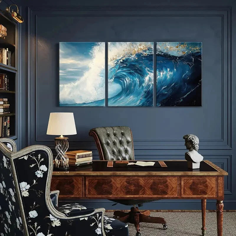 3pcs Abstract Ocean Wave Art Blue Sea Spray Metal Print Ready to Hang Art - Bella Home Decor