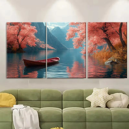 3pcs Mountain Lake Art with Submerged Boat Metal Print Ready to Hang Art - Bella Home Decor