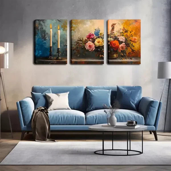 3pcs Picture, Two Slender Candles And Flowers Wall Art Set Canvas Framed 60x90cm - High Quality Print 100% Australian Made Wall Canvas Ready to Hang - Bella Home Decor