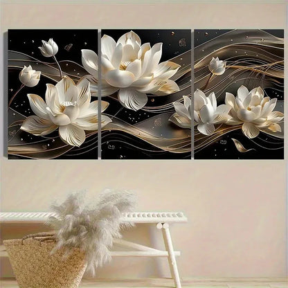 3pcs Elegant White for Lotus Flowers Wall Art Set Canvas Framed 50x70cm - High Quality Print 100% Australian Made Wall Canvas Ready to Hang
