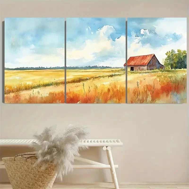 3pcs Rustic Barn & Fields Landscape Wall Art Set Canvas Framed 50x70cm - High Quality Print 100% Australian Made Wall Canvas Ready to Hang - Bella Home Decor
