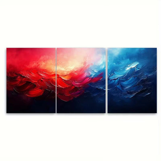 3pcs Vibrant Abstract Red and Blue Brushstroke Metal Print Ready to Hang Art