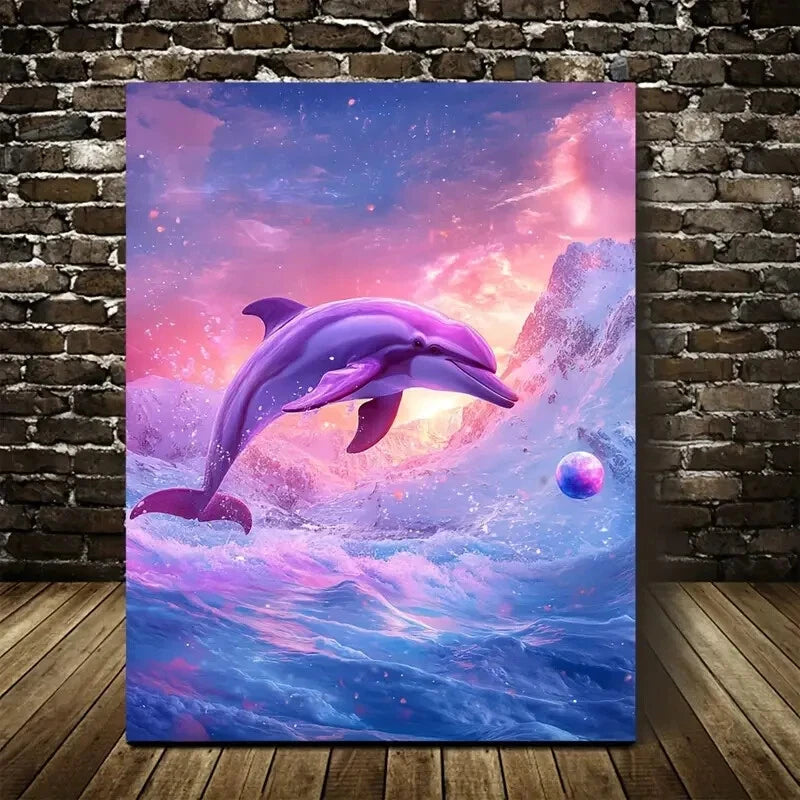 Vibrant Dolphin Play Scene with Snowy Painting 40x60cm Metal Print Ready to Hang - Bella Home Decor