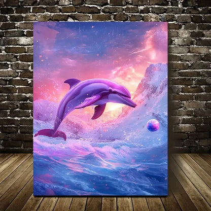 Vibrant Dolphin Play Scene with Snowy Painting 40x60cm Metal Print Ready to Hang - Bella Home Decor