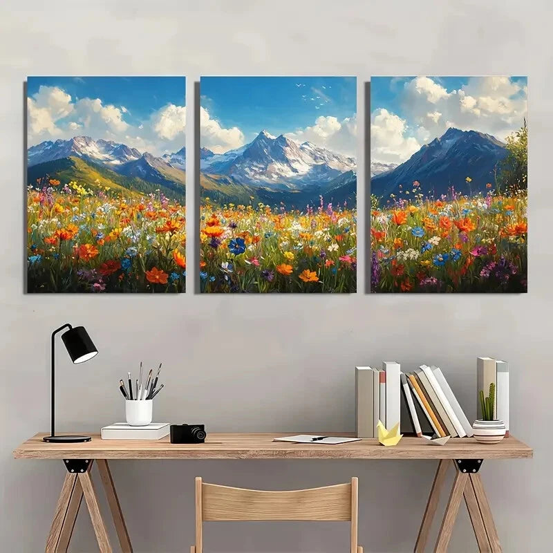 3pcs Vibrant Mountain and Wildflower Art Metal Print Ready to Hang Art - Bella Home Decor