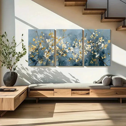 3pcs Abstract Floral Art Golden Blossoms Elegant Metal Print Ready to Hang Art - Bella Home Decor