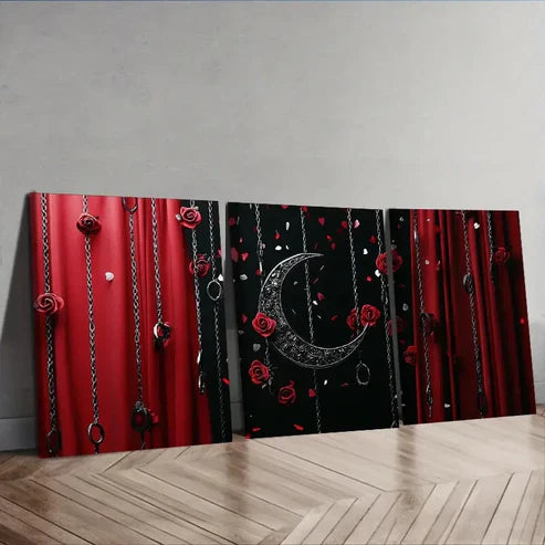 3pcs Black Moon and Red Roses Wall Art Set Canvas Unframed - High Quality Print 100% Australian Made Wall Canvas - Bella Home Decor