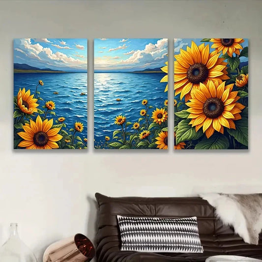 3pcs Bright Sunflower Floral With River Painting Wall Art Set Canvas Framed 50x70cm - High Quality Print 100% Australian Made Wall Canvas Ready to Hang