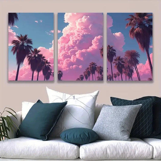 3pcs Palm Trees Pink Clouds Wall Art Set Canvas Framed 40x60cm - High Quality Print 100% Australian Made Wall Canvas Ready to Hang