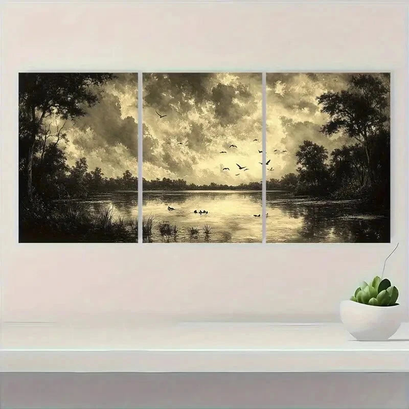 3pcs Vintage Birds by Pond Rustic Nature Metal Print Ready to Hang Art - Bella Home Decor