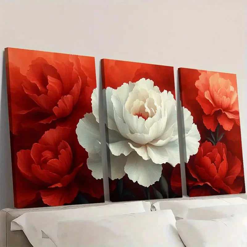 3pcs Red and White Two Toned Carnation L  Wall Art Set Canvas Framed 50x70cm - High Quality Print 100% Australian Made Wall Canvas Ready to Hang