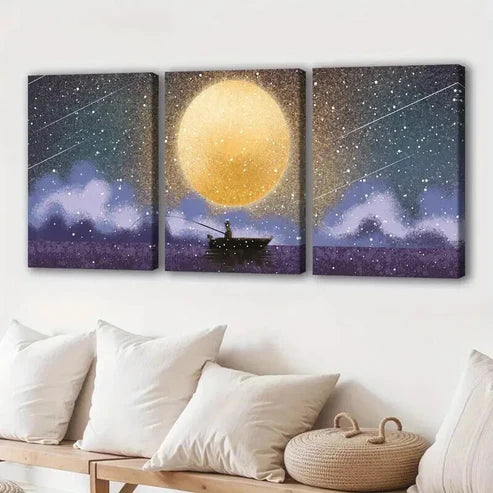 3pcs Tranquil Fishing Scene on a Full Moon Day Art Set Canvas Unframed - High Quality Print 100% Australian Made Wall Canvas