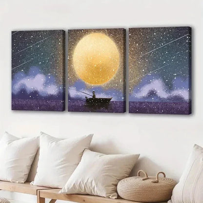 3pcs Tranquil Fishing Scene on a Full Moon Day Art Set Canvas Unframed - High Quality Print 100% Australian Made Wall Canvas