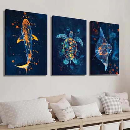 3pcs Colorful Shark Turtle and Stingray Wall Art Set Canvas Unframed - High Quality Print 100% Australian Made Wall Canvas - Bella Home Decor