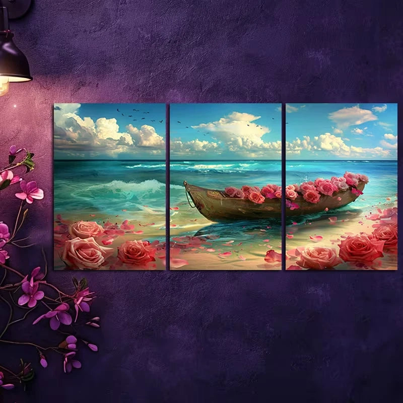 3pcs Serene Beach Scene with Boat and Roses Wall Art Set Canvas Framed 50x70cm - High Quality Print 100% Australian Made Wall Canvas Ready to Hang