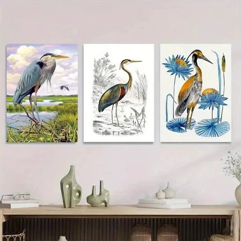 3pcs Herons in Nature Landscape Modern Wall Art Set Canvas Unframed - High Quality Print 100% Australian Made Wall Canvas