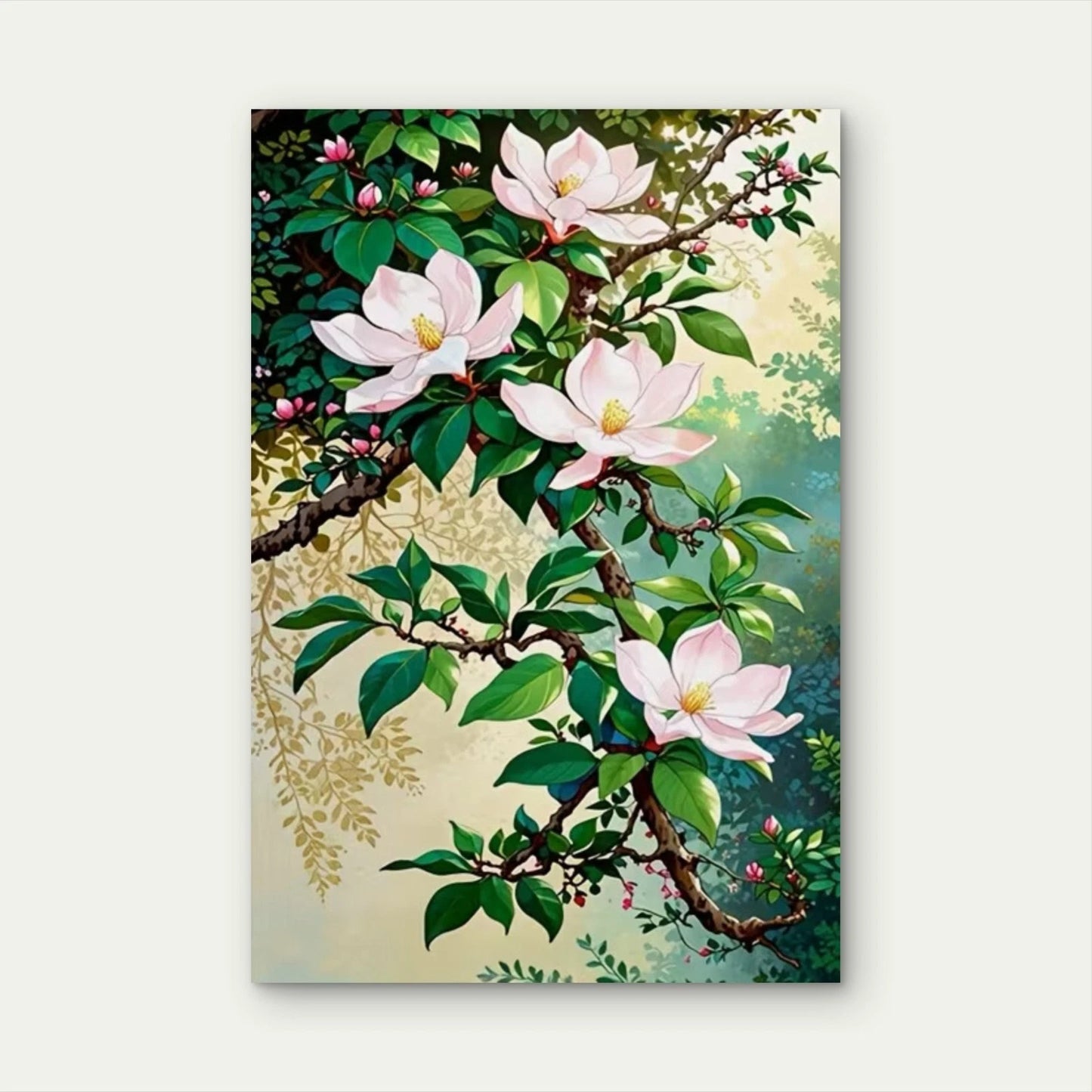 Pink Magnolias on Leafy Branch 60x90cm Metal Print Ready to Hang