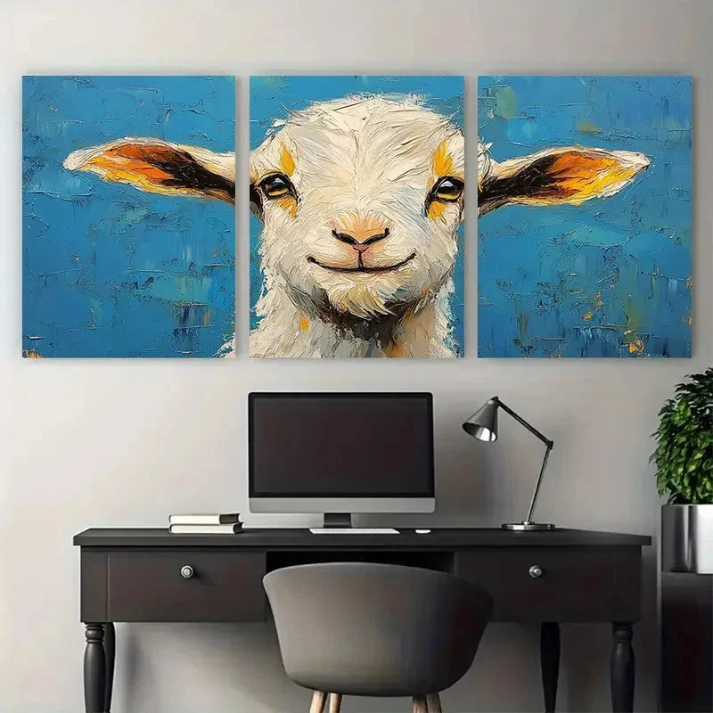 3pcs Cute Goat Animal Farmhouse Illustration Metal Print Ready to Hang Art - Bella Home Decor