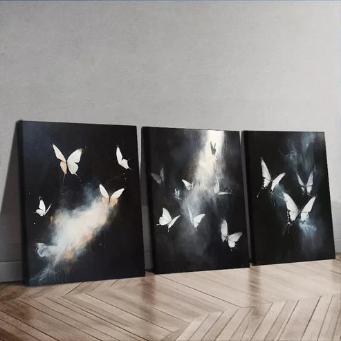 3 PCS Featuring White Butterflies In Flight Wall Art Set Canvas Unframed - High Quality Print 100% Australian Made Wall Canvas