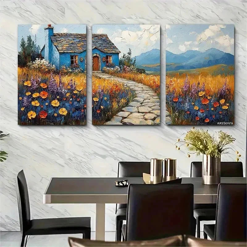 3pcs Irish Cottage Naive Style Impasto Perfect Wall Art Set Canvas Framed 50x70cm - High Quality Print 100% Australian Made Wall Canvas Ready to Hang
