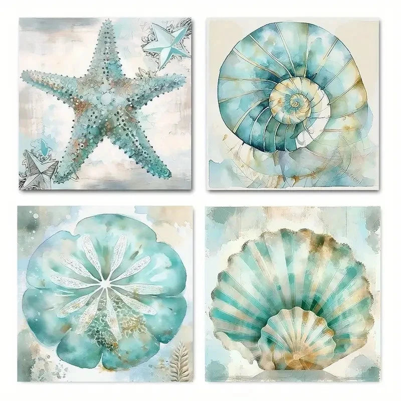 4pcs Coastal Conch Teal Vintage Beach Shell Pict Wall Art Canvas Framed