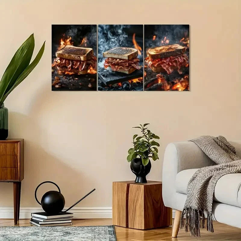 3pcs Vintage-Inspired Bacon Sandwich Metal Print Ready to Hang Art - Bella Home Decor