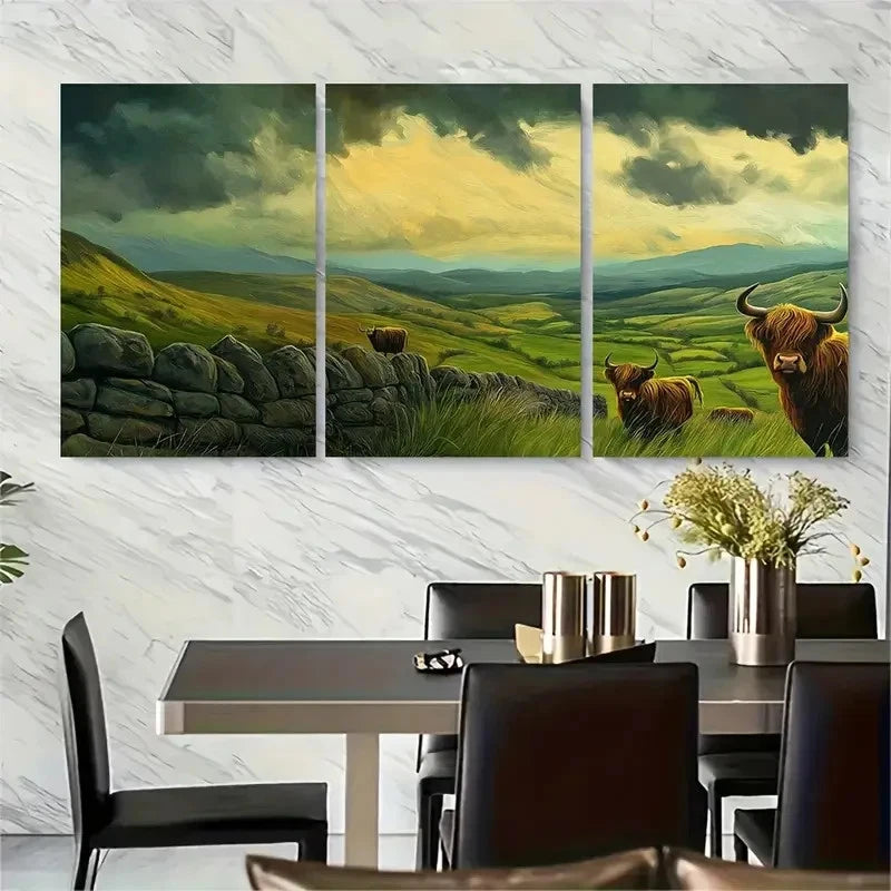 3pcs Scottish Landscape with Stormy Sky Metal Print Ready to Hang Art
