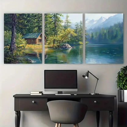 3pcs Lake Quinault Forest Lake Cabin Landscape Metal Print Ready to Hang Art - Bella Home Decor