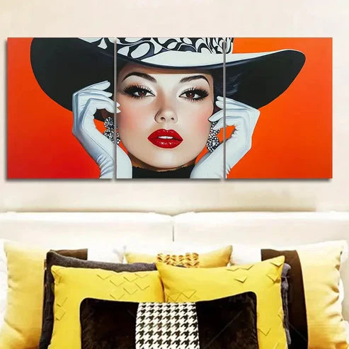 3pcs Fashionable Woman in Black Hat Wall Art Set Canvas Unframed - High Quality Print 100% Australian Made Wall Canvas