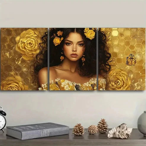 3pcs Intricate Golden lace girl Wall Art Set Canvas Unframed - High Quality Print 100% Australian Made Wall Canvas