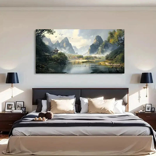 Serene Nature Scene Temples Wall Art Canvas Office Home Room Framed 120x60cm