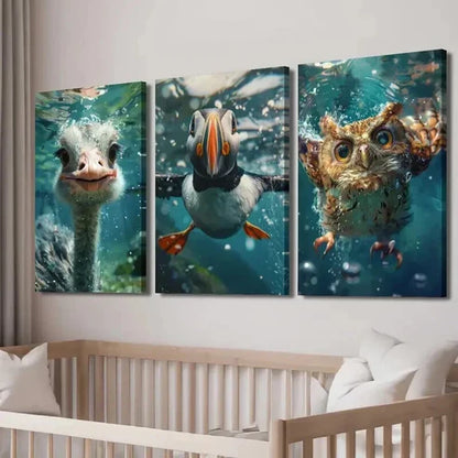 3pcs Ostrich Atlantic Puffin & Owl Underwater Wall Art Set Canvas Unframed - High Quality Print 100% Australian Made Wall Canvas