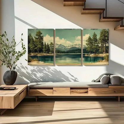 3pcs Mountain Lake Pine Trees Snowy Peak Metal Print Ready to Hang Art - Bella Home Decor