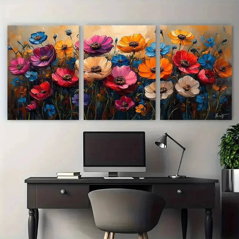 3pcs Vibrant Summer Floral Illustration Wall Art Set Canvas Framed 60x90cm - High Quality Print 100% Australian Made Wall Canvas Ready to Hang