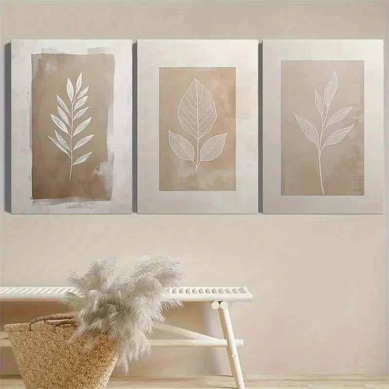 3pcs Beige Botanical Line Art Set Metal Print Ready to Hang Art - Bella Home Decor
