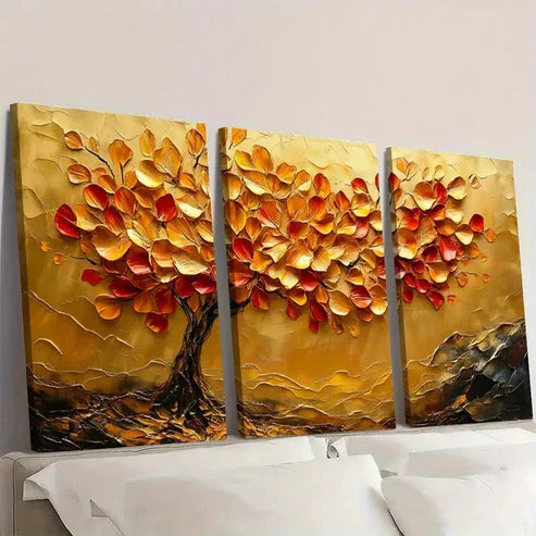 3pcs Abstract Tree Leaves Golden Leaf tu  Wall Art Set Canvas Unframed - High Quality Print 100% Australian Made Wall Canvas - Bella Home Decor