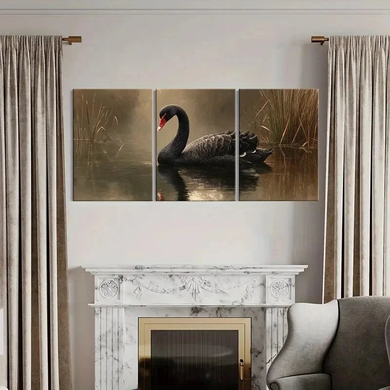 3pcs Black Swan Elegant Bird Water Reflection Metal Print Ready to Hang Art - Bella Home Decor