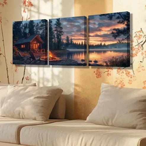 3pcs Tranquil Lake & Log Cabin Scene Wall Art Canvas Unframed - High Quality Print 100% Australian Made Wall Canvas