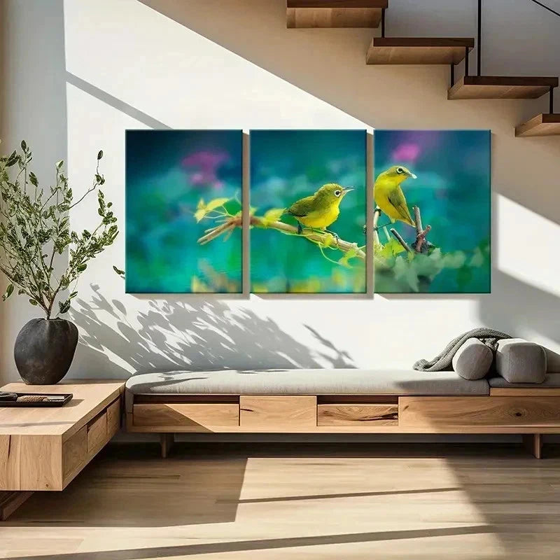 3pcs Vibrant Green Birds on Branch Wall Art Set Canvas Framed 50x70cm - High Quality Print 100% Australian Made Wall Canvas Ready to Hang