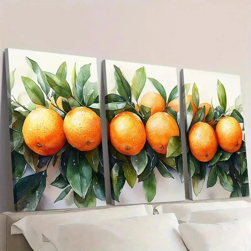 3pcs Orange Tree Watercolor Painting Fruits R  Wall Art Set Canvas Framed 60x90cm - High Quality Print 100% Australian Made Wall Canvas Ready to Hang